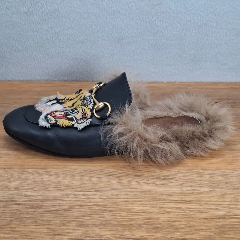 Gucci SINGLE LEFT SHOE ONLY Princetown Mule Women 6  Black Fur Horsebit Tiger